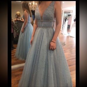 Sherri Hill light blue ball gown dress with pearls, size 4.